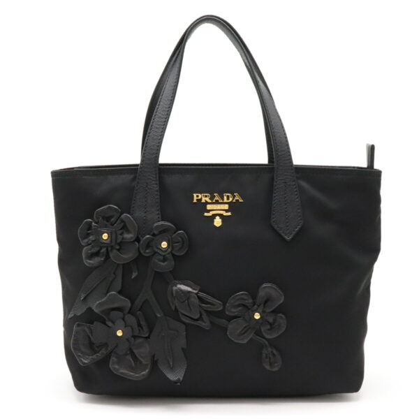 12240322 1 Prada Mini Tote Handbag Flower Motif Nylon Leather Nero Black