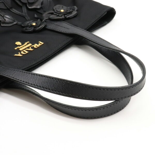 12240322 4 Prada Mini Tote Handbag Flower Motif Nylon Leather Nero Black