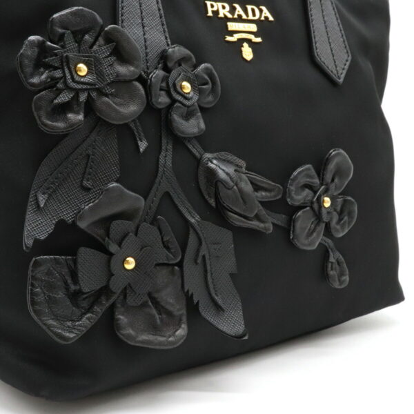 12240322 8 Prada Mini Tote Handbag Flower Motif Nylon Leather Nero Black