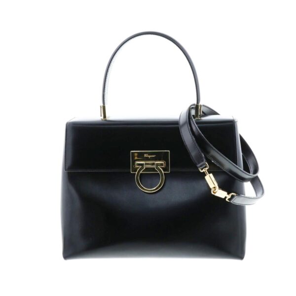 1240002018927 1 Salvatore Ferragamo Ganchini Leather Handbag Black