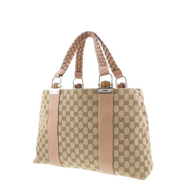 1240004011964 2 Gucci GG Canvas Bamboo Tote Handbag Pink Beige