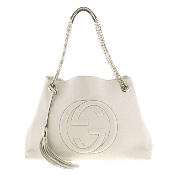 1240005026860 1 Gucci Interlocking Soho Fringe G Chain Shoulder Bag Beige White