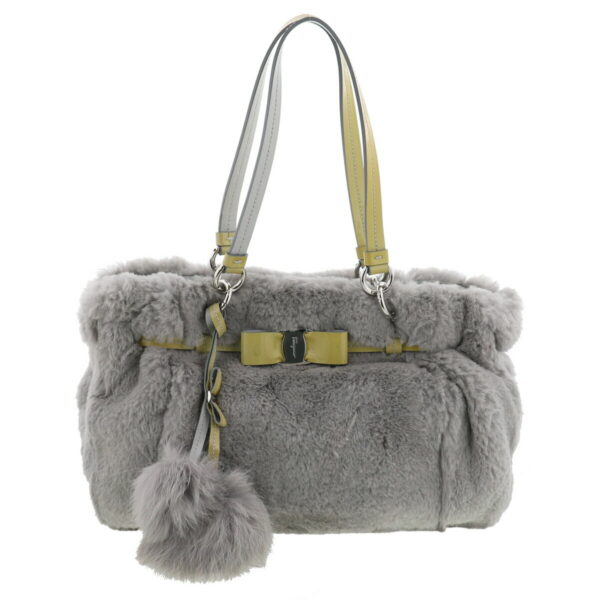 1240009002803 1 Ferragamo Valaribon Rabbit Fur Handbag Gray