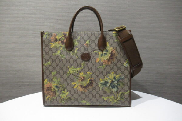 12400324 Gucci Tote Bag GG Supreme Sunflower Large 2Way Brown