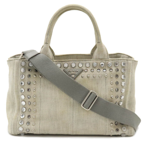 12420668 1 Prada Canapa Tote Bag Bijou Studded Denim Bianco Light Gray