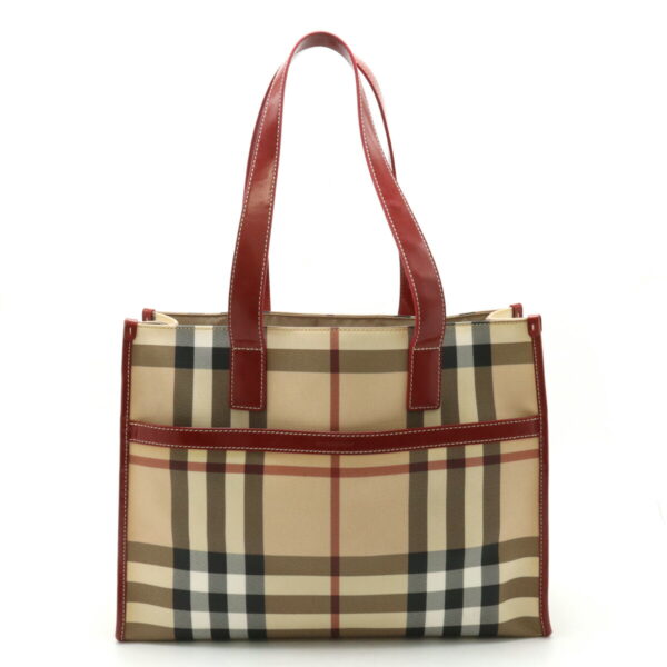 12420876 1 Burberry Check Pattern Tote Bag Leather Beige Bordeaux