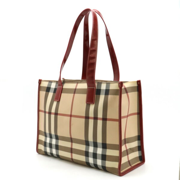 12420876 2 Burberry Check Pattern Tote Bag Leather Beige Bordeaux