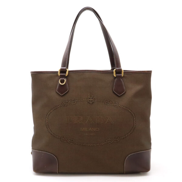 12460991 1 Prada Jacquard Tote Bag Canvas Leather Bruciato Brown