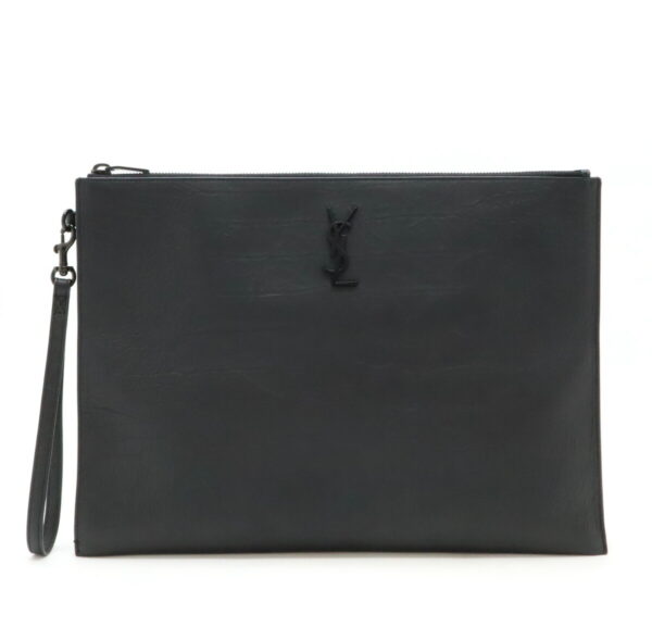 12470317 1 Yves Saint Laurent Crocodile Embossed Clutch Bag Leather Black