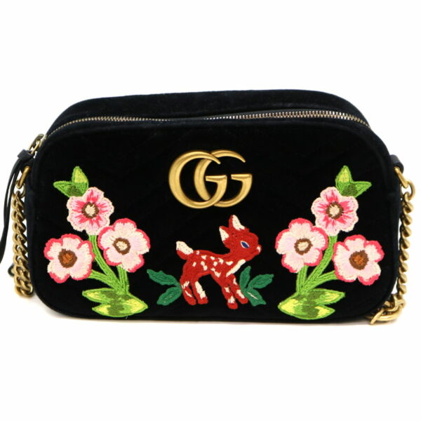 1667 1 Gucci Chain Shoulder Bag Velour Black Deer Flower