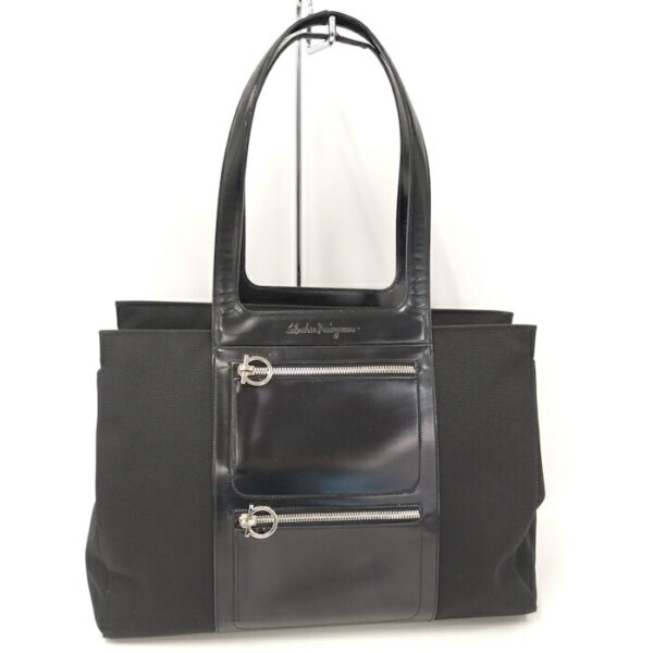 2000195259800008 1 Salvatore Ferragamo Gancini Nylon Tote Bag Black