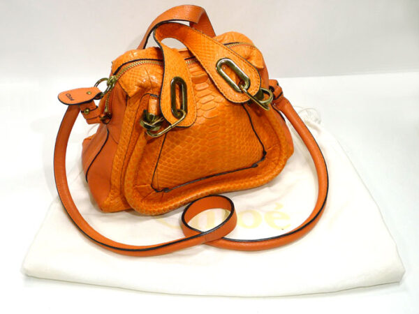 2001225252500006 10 Chloe Parati Small 2WAY Shoulder Bag Python Leather Orange