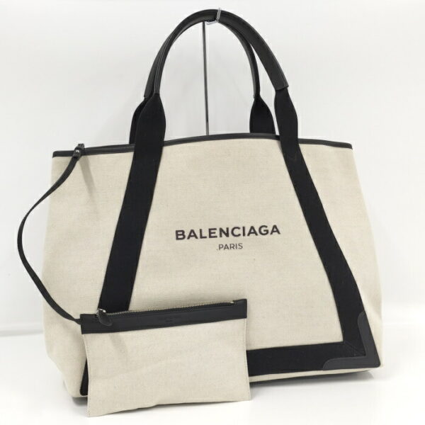 2010200258200083 1 Balenciaga Navy Hippo M Tote Bag with Pouch Ivory