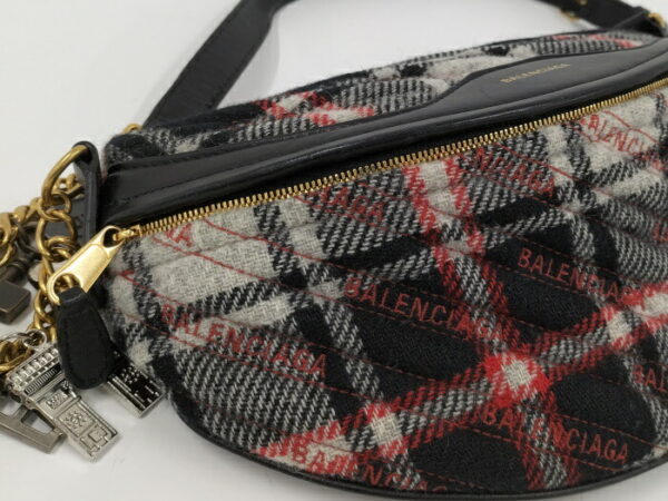 2010211252000057 7 Balenciaga Paris Logo Wool Check Body Bag Keychain Black