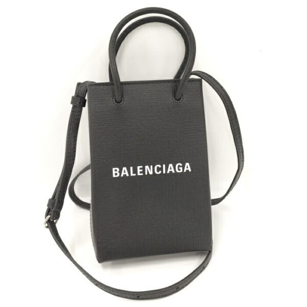 2010211252000077 1 Balenciaga Shopping Phone Holder 2way Leather Shoulder Bag Black