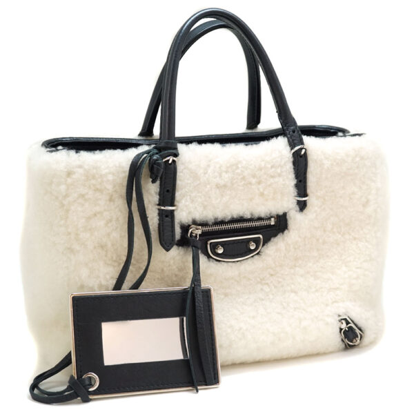 21 6454 Balenciaga Paper 2WAY Bag Shearling Handbag Shoulder Tote Black Off White