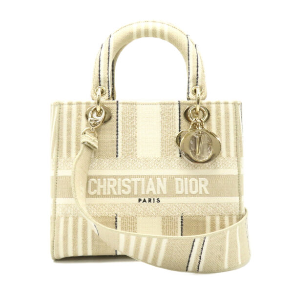 2101217888042 1 Dior Lady Dior 2Way Tote Bag Cotton Beige White