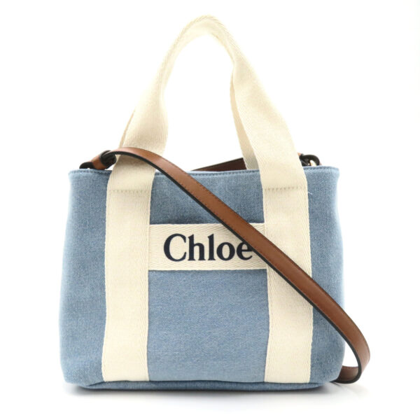 2101217944113 1 Chloe Denim Cotton 2way Shoulder Bag Blue Ivory Brown