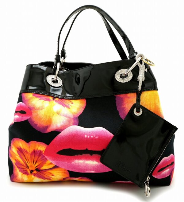 21601583 Christian Dior Tote Bag Flower Lip Rhinestone Charm Canvas Patent Leather Black Multicolor