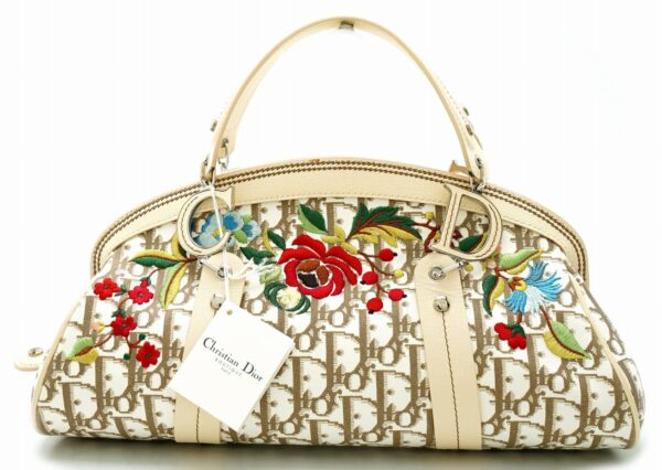 21601584 Christian Dior Trotter Floral Handbag Leather White Beige