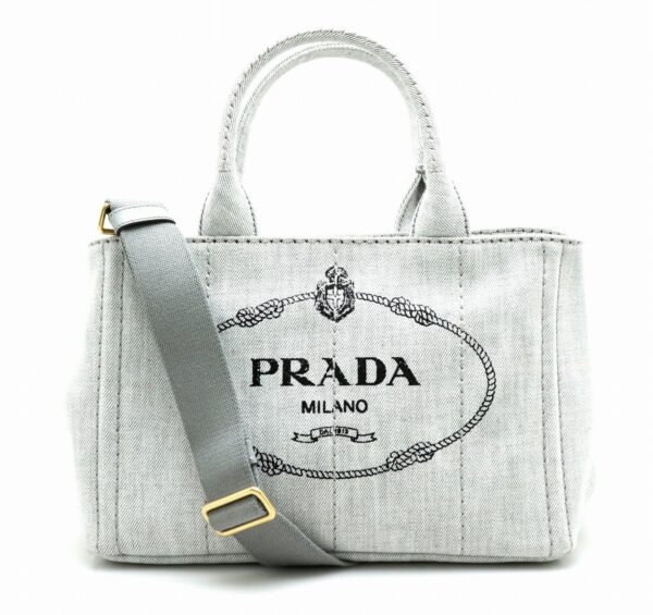 21761786 Prada Canapa Tote 2WAY Tote Shoulder Bag Denim Bianco Ice Gray