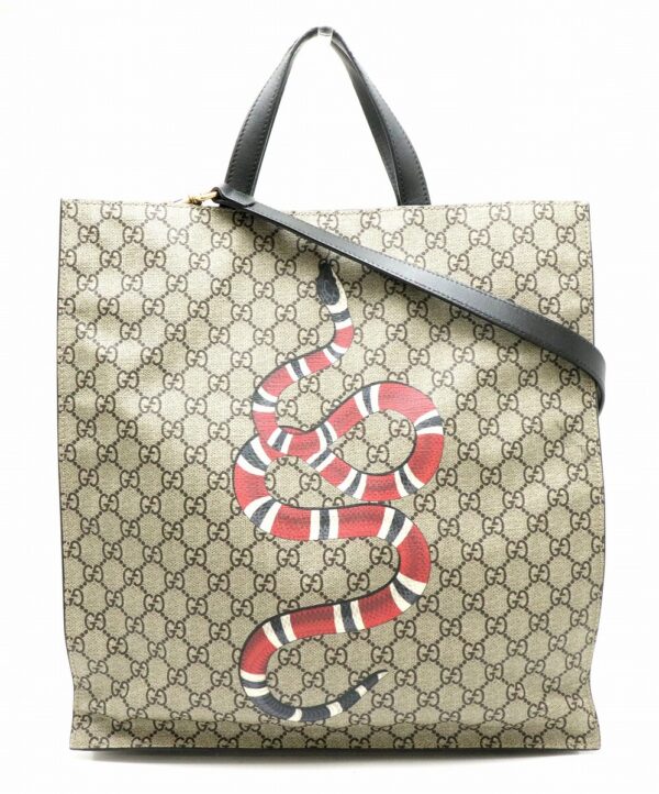 21801385 Gucci GG Supreme Snake Print 2way Leather Tote Bag Khaki Beige