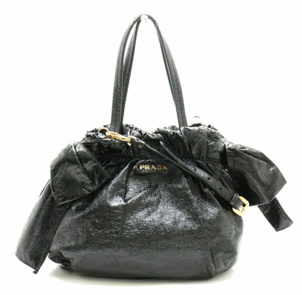 21801425 Prada Handbag 2WAY Shoulder Bag Side Ribbon Patent Leather Black