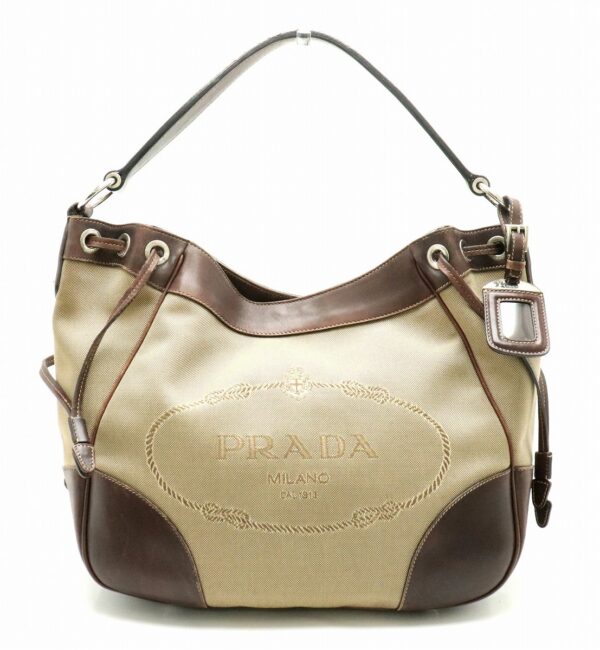 21801428 Prada Jacquard Shoulder Bag Canvas Leather Khaki Beige Brown