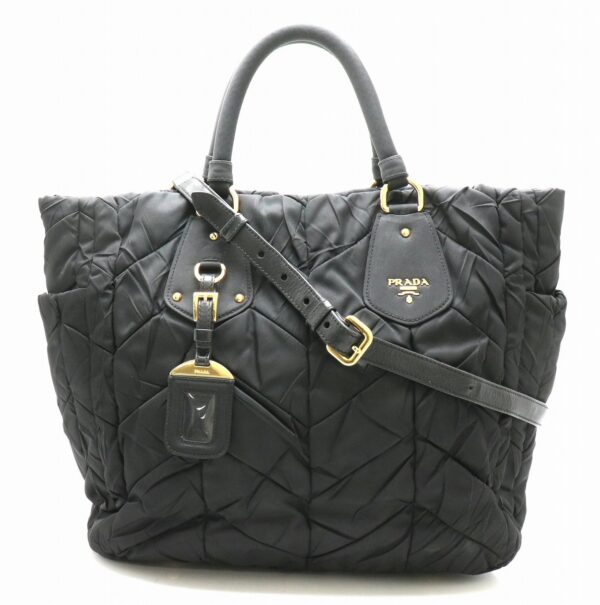 21821119 Prada Quilted Tote Bag Shoulder Bag 2WAY Ruched Nylon Nero Black