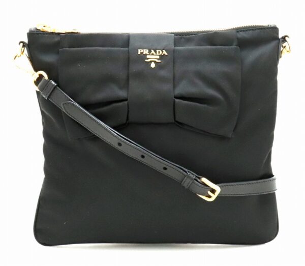 21840158 Prada Ribbon Motif Shoulder Bag Nylon Leather Nero Black