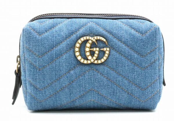 21860173 Gucci GG Marmont Denim Quilted Cosmetic Pouch Pearl Blue