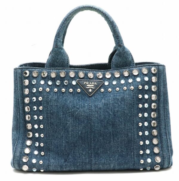 21900917 Prada Canapa Bijou Tote Bag Studs Rhinestone Denim Blue