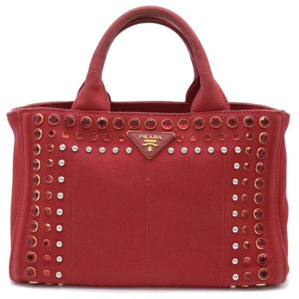 21940562 Prada Canapa Bijou Tote Bag Handbag Studs Rhinestone Canvas Rosso Red