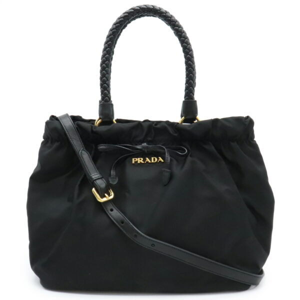 21940645 Prada Gathered Ribbon Tote Bag 2WAY Nylon Nero Black