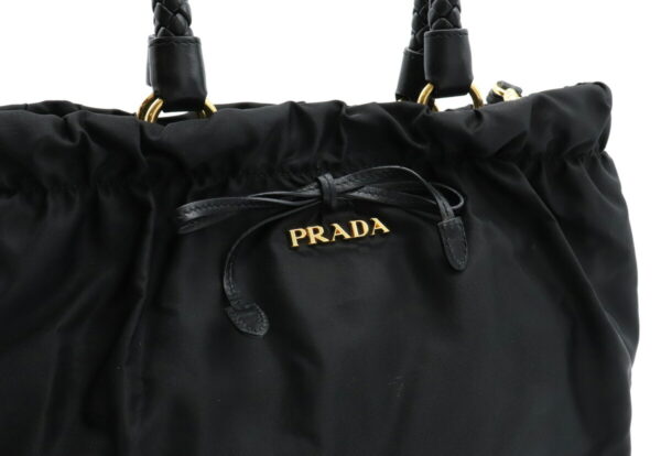 21940645 6 Prada Gathered Ribbon Tote Bag 2WAY Nylon Nero Black