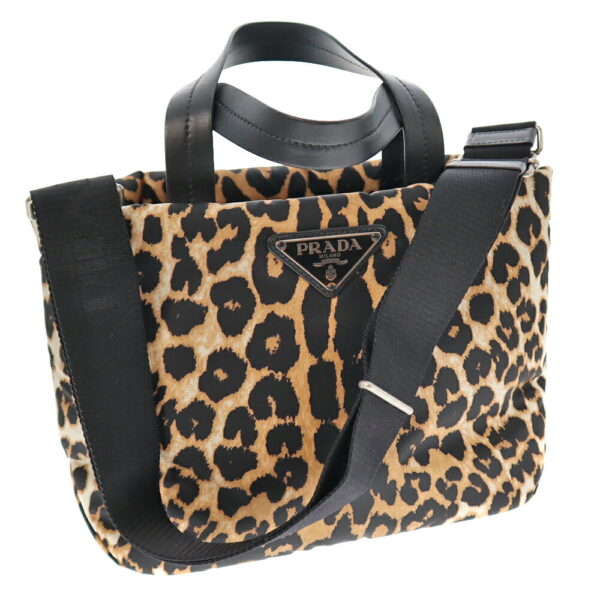 22 3251 11 Prada 2WAY Bag Leather Nylon Black Beige Brown Leopard Print