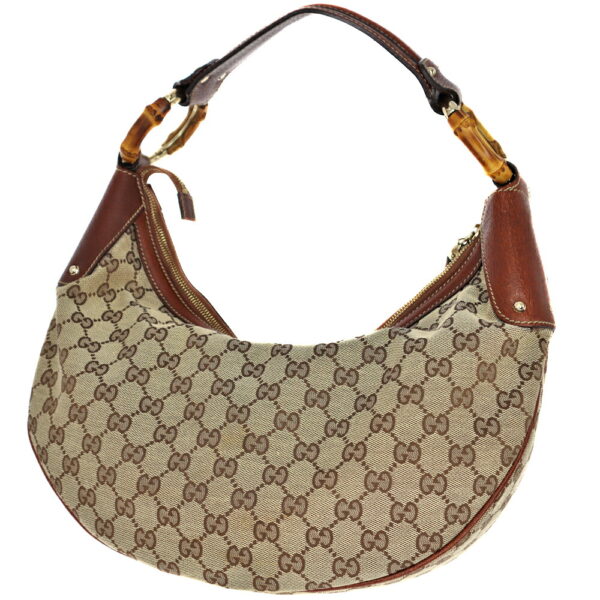 22 3368 2 Gucci Shoulder Bag GG Canvas Leather Bamboo Beige Brown