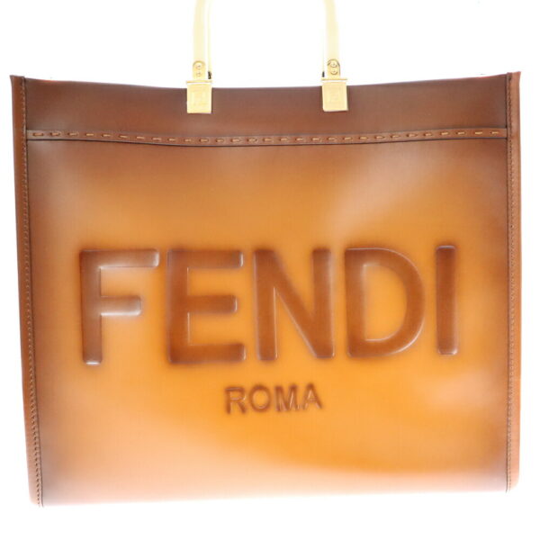 22 3655 9 Fendi Sunshine Shopper Tote Bag Leather Brown White Stitch