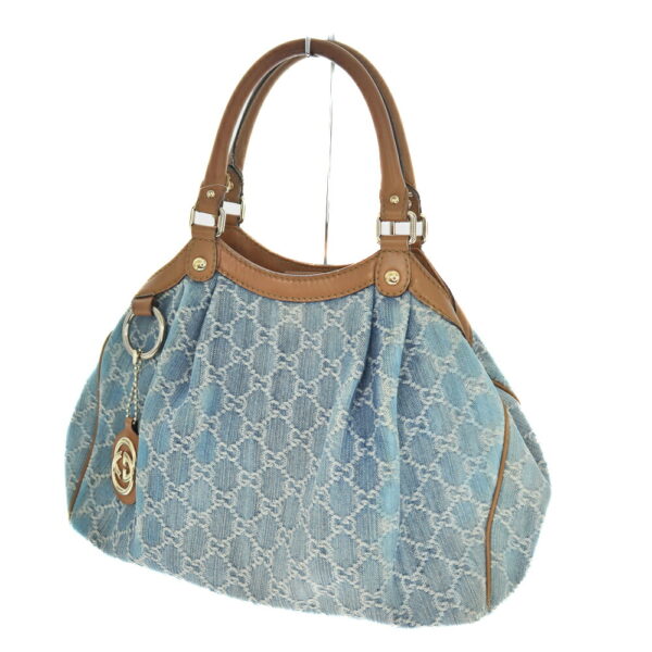 22 5660 Gucci Tote Bag GG Denim Leather Brown Blue