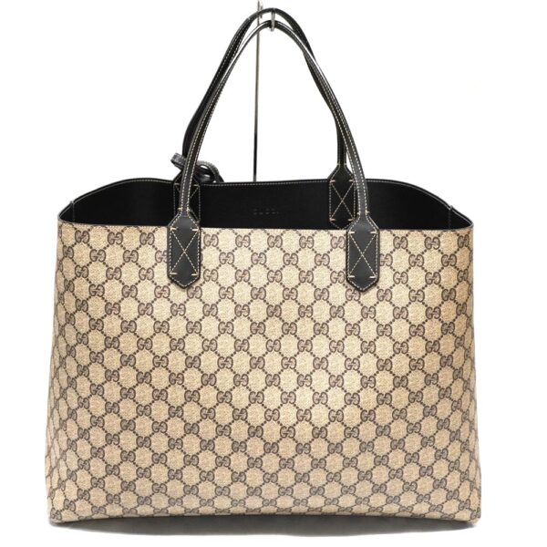 22 7938 2 Gucci Reversible Tote Bag Leather Canvas GG Supreme Black