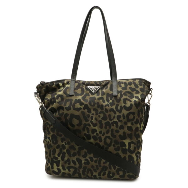 22010256 Prada Leopard Print Shoulder Bag Nylon Leather Green