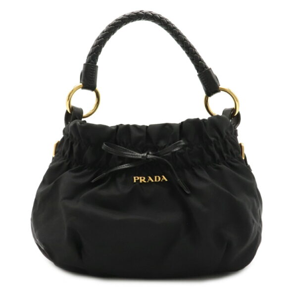 22031222 Prada Gathered Shoulder Bag Nylon Leather Nero Black