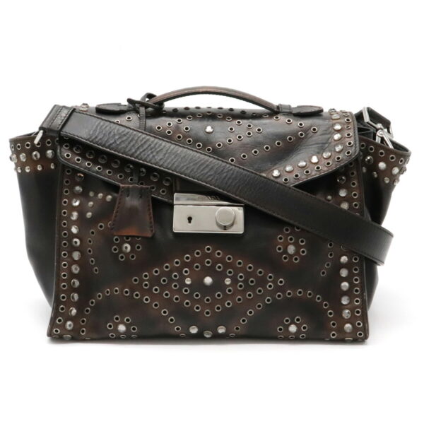 22060761 Prada Vitello Handbag Studded Leather Ebano Brown