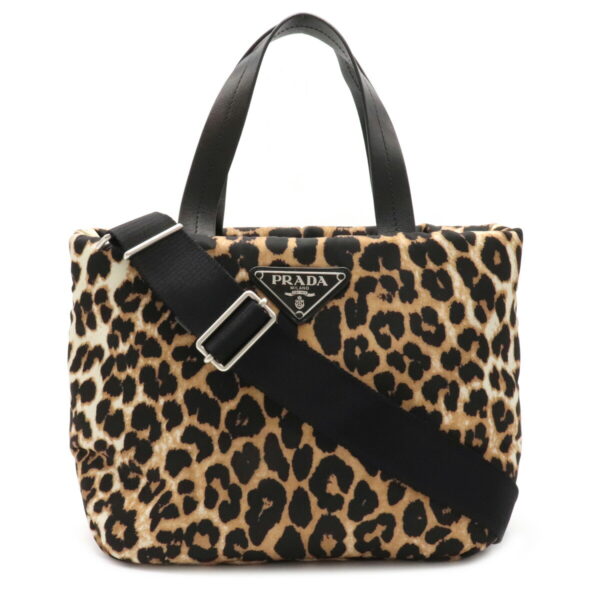 22100267 Prada Leopard Print Tote Bag Nylon Leather Black Beige