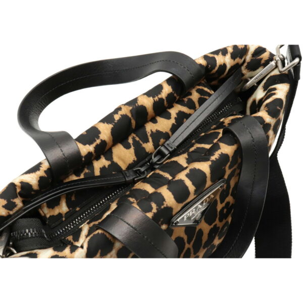 22100267 5 Prada Leopard Print Tote Bag Nylon Leather Black Beige