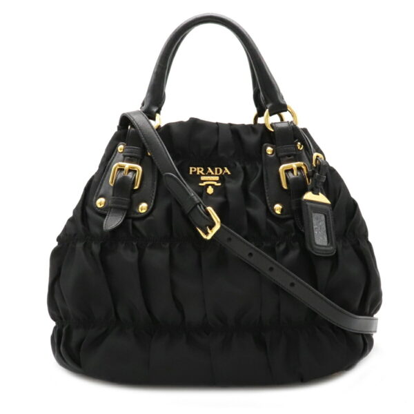 22110437 Prada Gathered Handbag Nylon Leather Nero Black