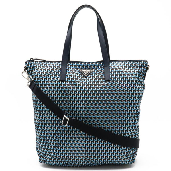 22230430 1 Prada Tessuto Allover Pattern Tote Bag Nylon Leather Blue Multicolor