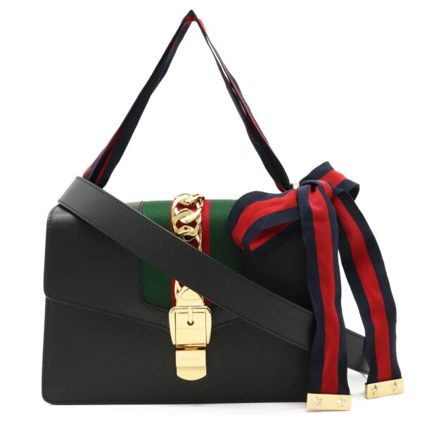 22230788 1 Gucci Sylvie Sherry Line Ribbon 2way Leather Shoulder Bag Black