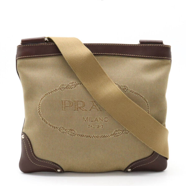 22371210 1 Prada Logo Jacquard Shoulder Bag Leather Corda Khaki Beige