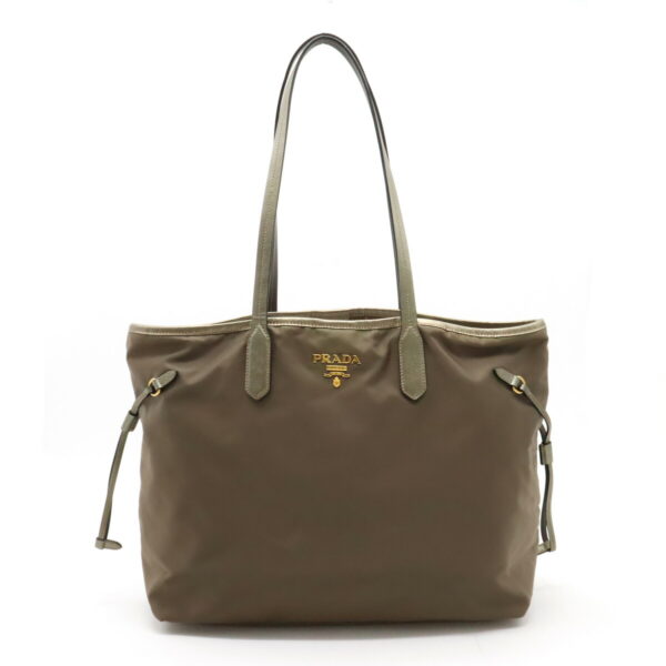 22400610 1 Prada Tote Bag Shoulder Nylon Metallic Leather Fumo Khaki